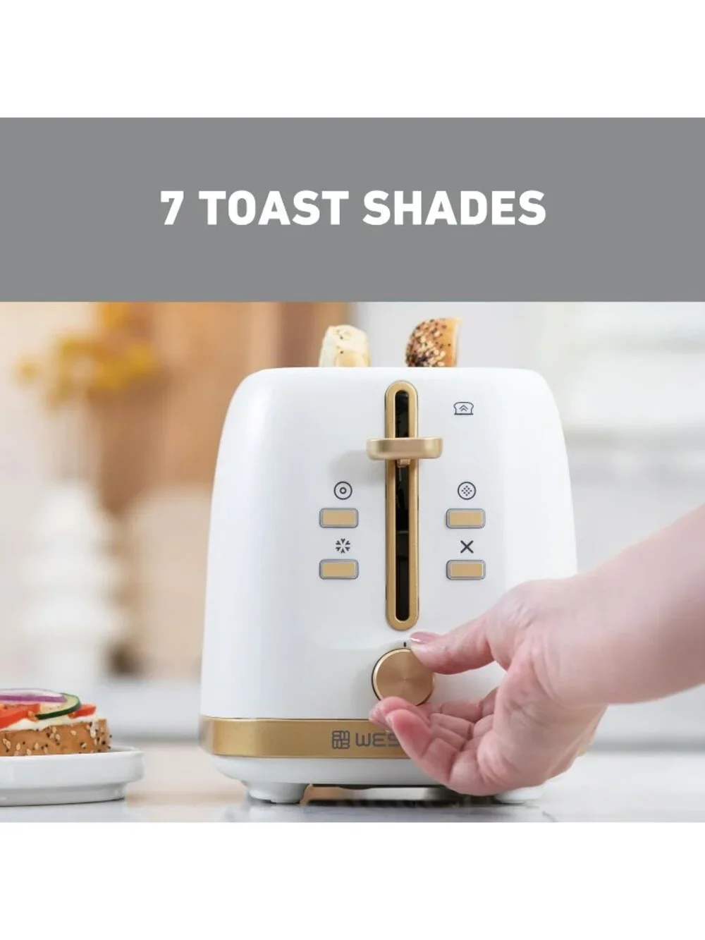 2-Slice White/Gold Browning Levels Bagel Defrost Settings Anti-Jam Toaster